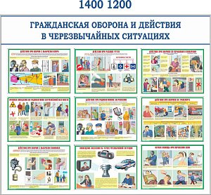 Стенд Гражданская оборона и ЧС. (9 плакатов А3) (1400х1200; Пластик ПВХ 4 мм, алюминиевый профиль; )