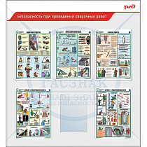 Стенд для ОАО РЖД Безопасность при проведении сварочных работ 5 плакатов А3, 1 плоский карман А4 (Пластик ПВХ 4 мм, алюминиевый профиль; 1100х1200)